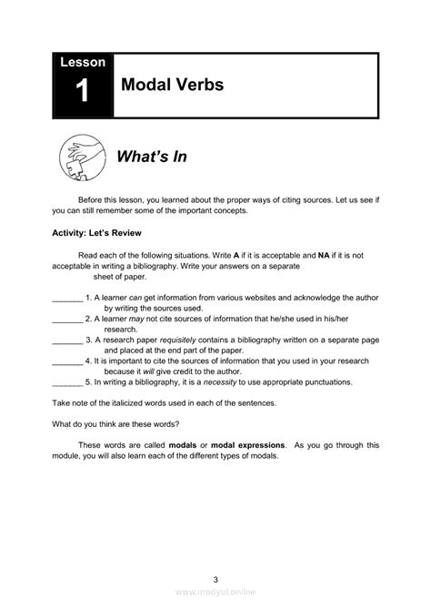 Quarter 1 Module 3: Use of Modal Verbs, Nouns, and Adverbs.